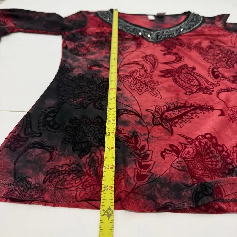 Sami & Jo Y2K Burnout Velvet Top S Red Black Fairy Grunge Flare Sleeve Beaded